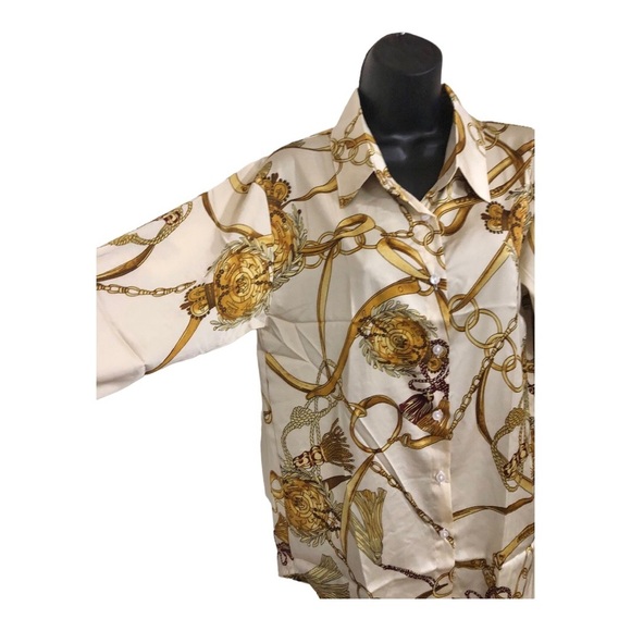 Designer look ivory satin‎ look gold chain print button down blouse top size XL - Picture 12 of 16